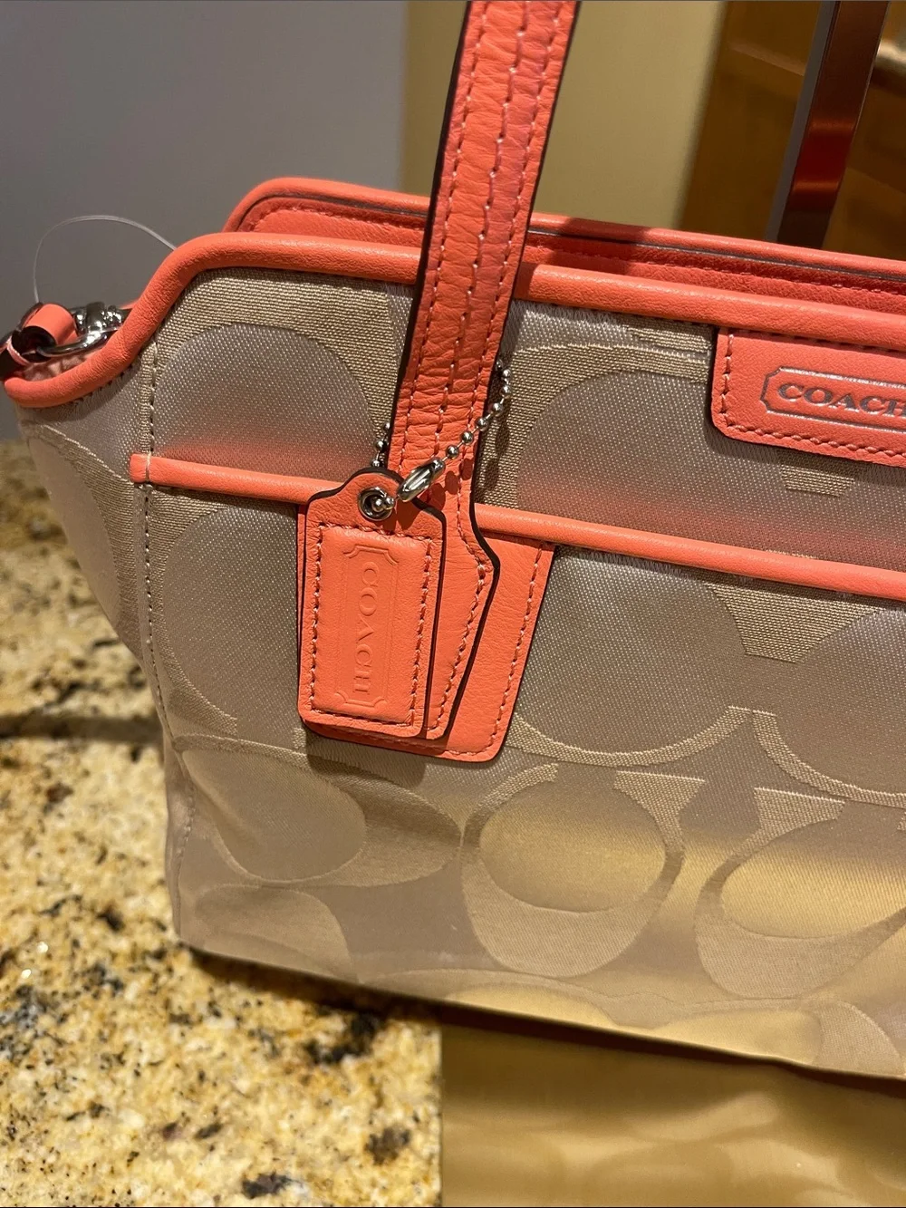 Coach Beige Signature Canvas Tote with Coral Trim